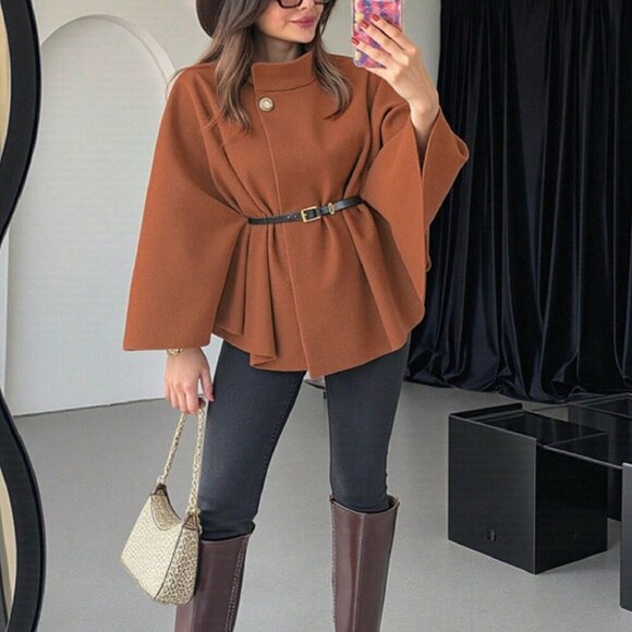 Brown Elegant Womens Stand Collar Loose Poncho Cloak Jacket - Picture 4 of 6